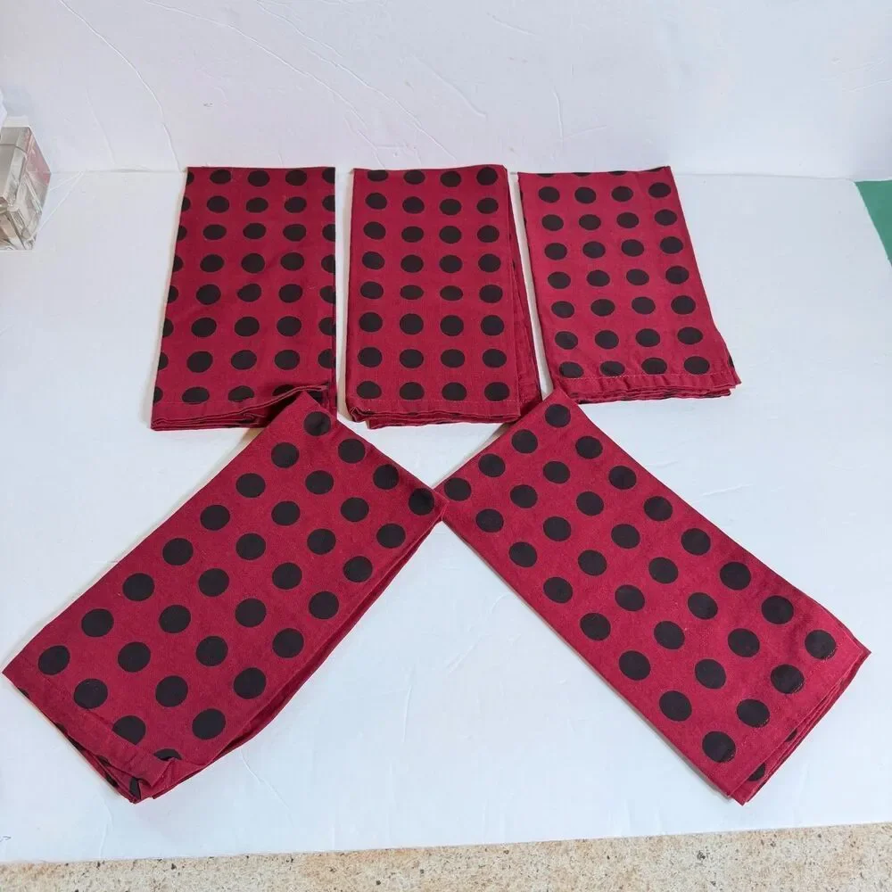 World Market 12 Cloth Napkins Wine Burgundy Black Polka Dot 20x20 Cotton Lot